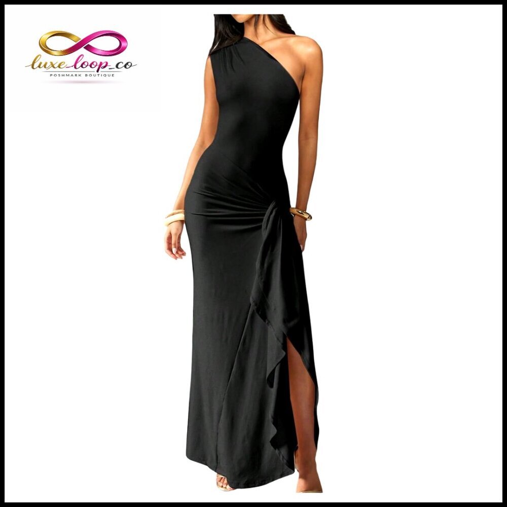 One Shoulder Ruffle Slit Maxi Dress Cinched Waist Formal Wedding Guest